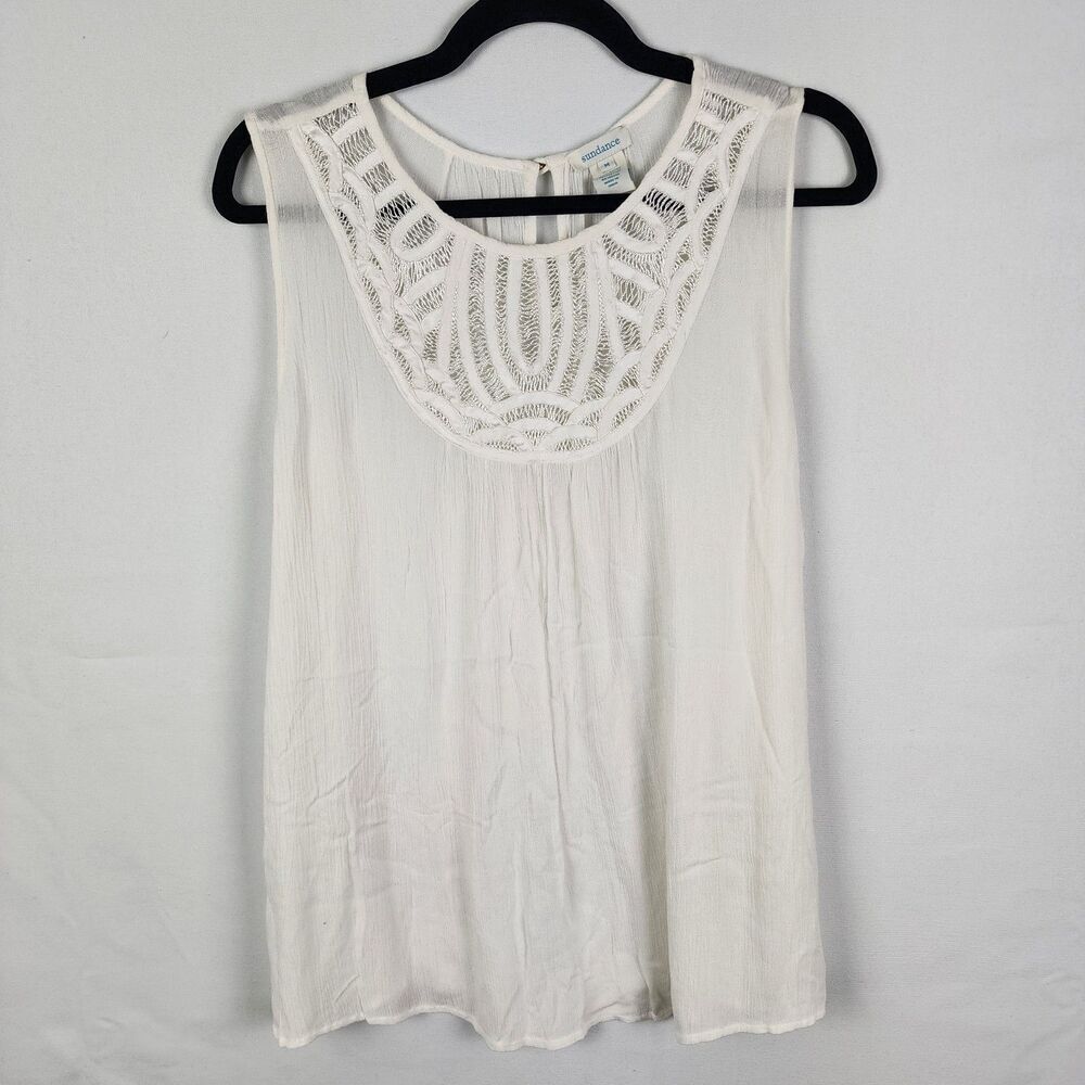 Sundance Top Womens Medium‎ White Sleeveless Tank Crochet Neck Rayon Sheer
